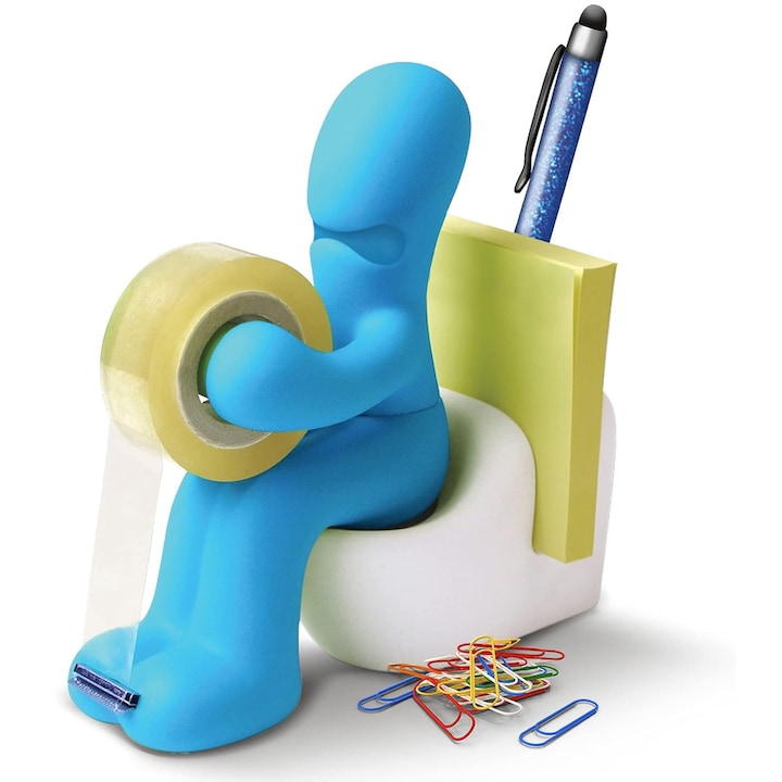 Dispenser banda adeziva, Axroad Mall, Banda adeziva cu dispenser, Dispenser cu banda adeziva tip scotch Office, Cu 10 agrafe birou colorate, Creativitate, Rezistent, Lama metalica incorporata, Latime maxima banda 16mm, PVC+ABS, 150*60*140mm, Albastru