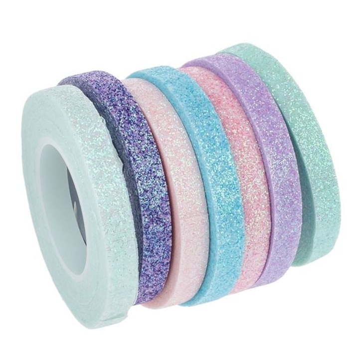 Banda Washi Tape Color cu Glitter 5mx0.6cm - 7buc