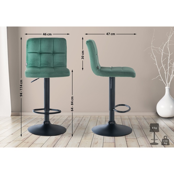 Scaun de bar Peru din catifea neagra verde