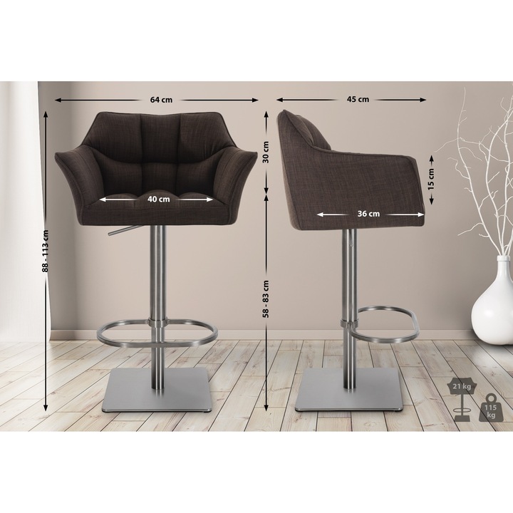 Set de 2 scaune de bar din otel inoxidabil Damaso, material textil maro