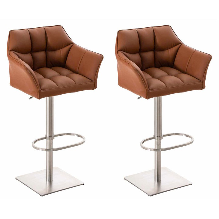 Set de 2 scaune de bar Damaso din piele ecologica, otel inoxidabil maro deschis