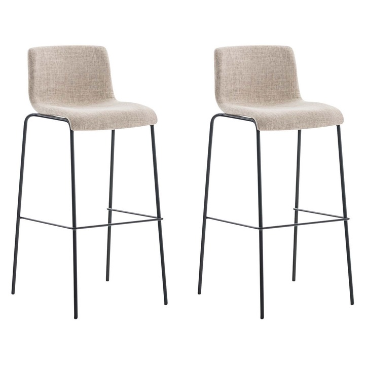 Set de 2 scaune de bar Hoover, cadru cu 4 picioare, negru, din material textil crema