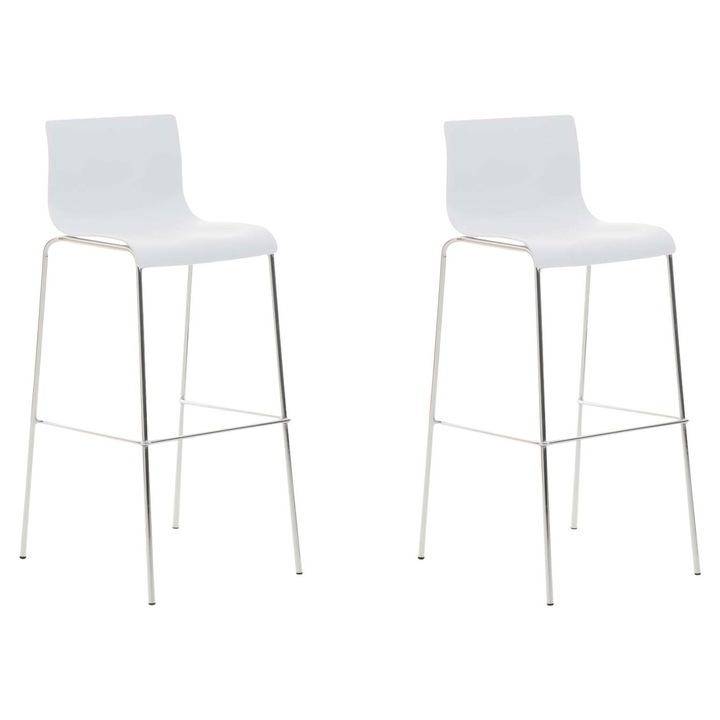Set de 2 scaune de bar Hoover din plastic, cadru cu 4 picioare, cromat alb