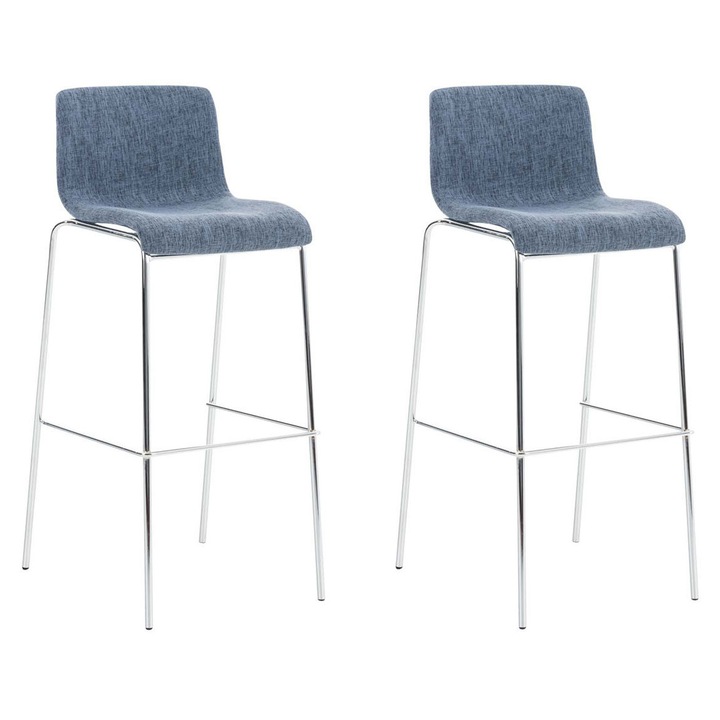 Set de 2 scaune de bar Hoover, cadru cu 4 picioare, crom, din material textil albastru