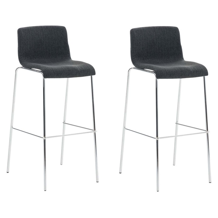 Set de 2 scaune de bar Hoover, cadru cu 4 picioare, crom, din material textil gri inchis