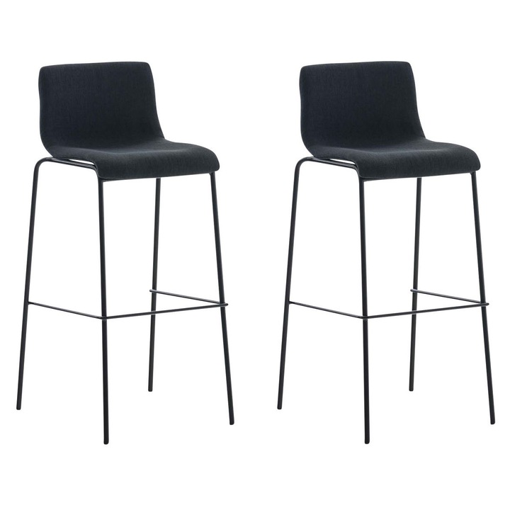 Set de 2 scaune de bar Hoover, cadru cu 4 picioare, negru, din material textil negru
