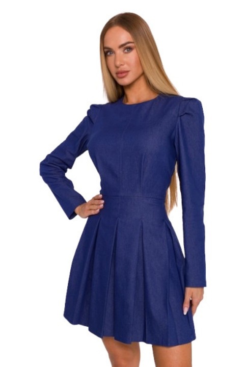 Мини рокля, M884 син деним, Плисирана, Втален цип