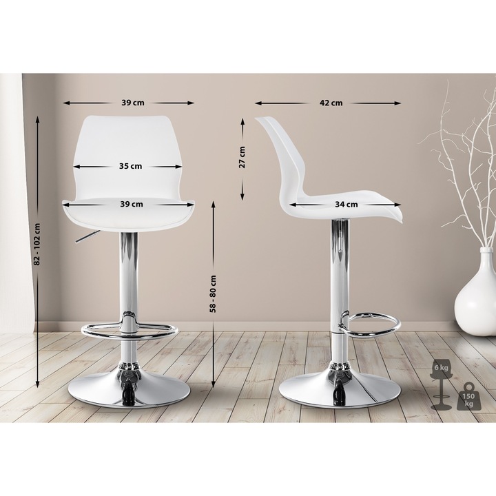 Set de 2 scaune de bar din plastic Gilbert alb