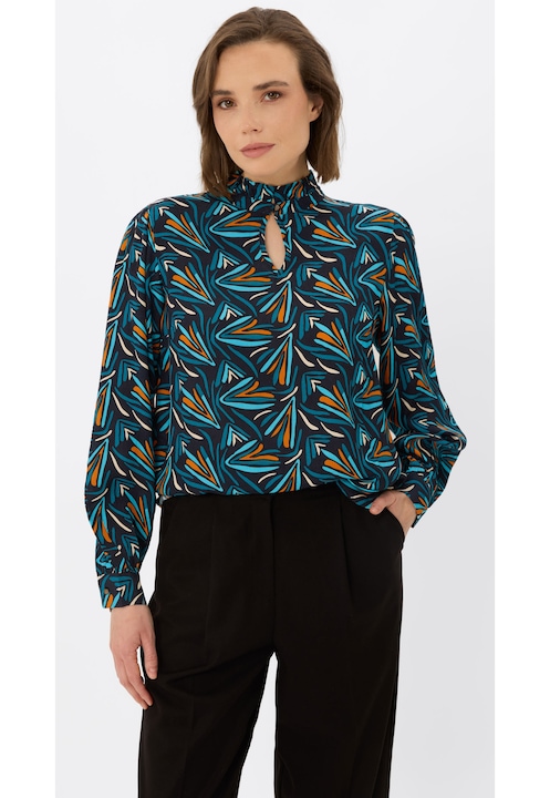 Bluza lejera cu maneci lungi, cu model abstract, guler cu volane, Volcano K-Banax, torquaz, Turcoaz/Multicolor