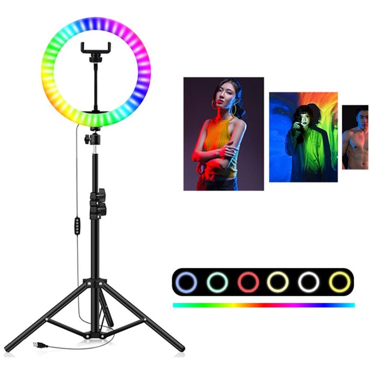 Lampa circulara Ring Light HOZRO, diametru 30 cm/12" cu lumina RGB, lumina multicolora, conectare USB, reglaj intensitate, suport telefon, Perfecta pentru Orice Situatie