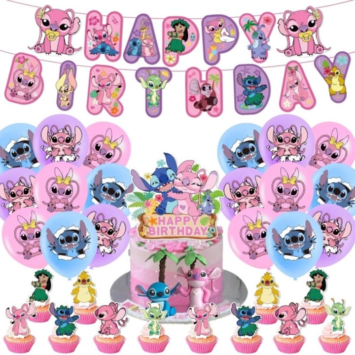 Set 18 baloane copii, Stitch, Petrecere Aniversara, Latex, 1 Banner La multi ani, 12 Cupcake Topper, 1 Cake Topper, 6 farmec spirale, roz