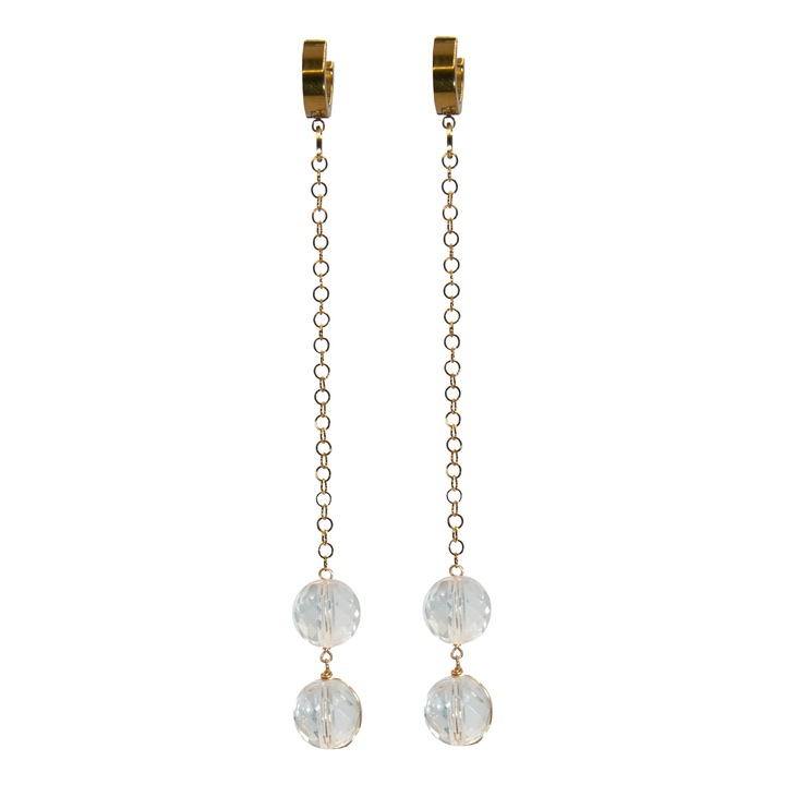 Cercei Twins handmade din cristale de sticla transparente si accesorii din otel inoxidabil placat cu aur 18k