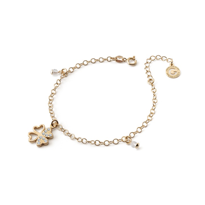 Bratara pe lant ancora cu trifoi si zirconii, argint 925 placat cu aur – rafinament si noroc, Giorre
