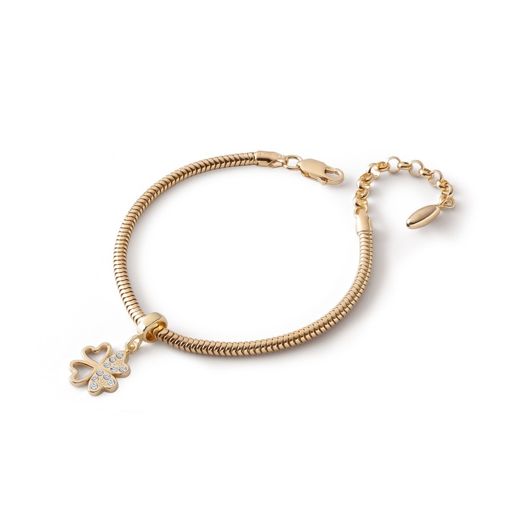 Bratara eleganta femei cu margele tip beads si pandantiv trifoi cu zirconiu cubic, argint 925 placat cu aur, Giorre