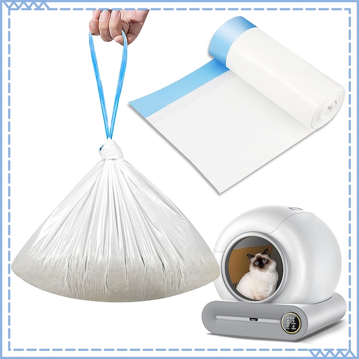 Saci igienici pentru litiera automata, Tressino, saci grosi cu snur, pentru eliminarea eficienta a deseurilor la pisici/catei, 64x40cm, compatibili 62cm, 20 buc/rola