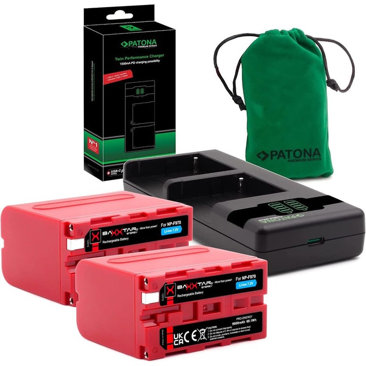 Pachet 2x Acumulator Baxxtar Pro NP-F970 9600mAh si Incarcator Twin Performance PD pentru Sony NP-F Series