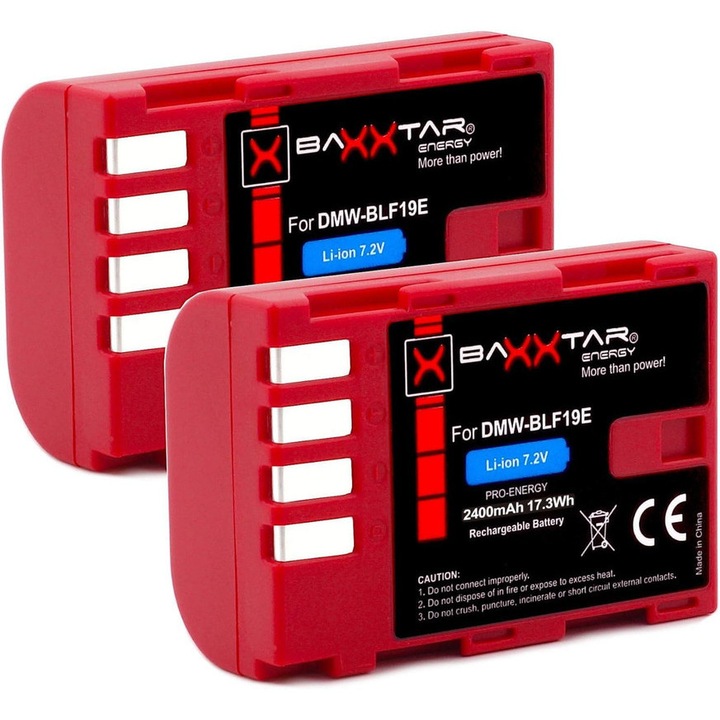 Pachet 2x Acumulator Baxxtar Pro DMW-BLF19E 2400 mAh pentru Panasonic Lumix DC G9 GH5 GH5s DMC GH3 GH4 GH4R Sigma BP-61
