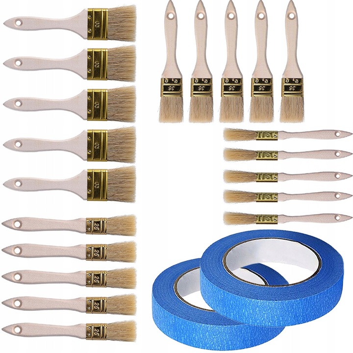 Set pensule plate 20 buc, 15-50 mm, fire naturale, 2x banda adeziva albastra 40 mm x 50 m