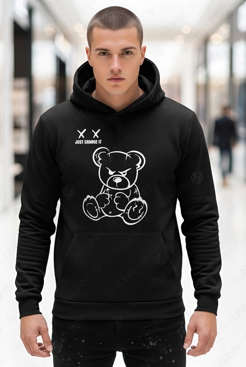 Hanorac barbati Just Change It, modern, gluga cu snur, 100%bumbac, calduros, relaxed fit, Negru