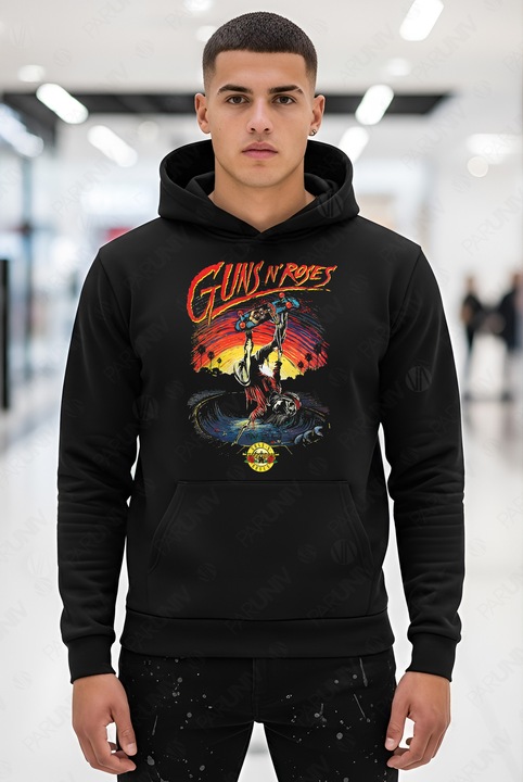 Hanorac barbati Guns N' potrivit pentru concerte, festivaluri, iesiri cu prietenii, gluga cu snur, 100% bumbac, calduros, relaxed fit, Negru inchis