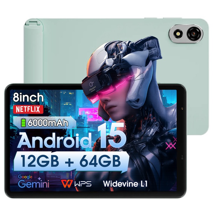 Таблет Blackview ZENO 1, Android 15, 6000mAh, 12GB + 64GB ROM, 8" Таблет с Dual SIM 4G LTE и WiFi 5G, HD Екран 90Hz, Widevine L1, зелен