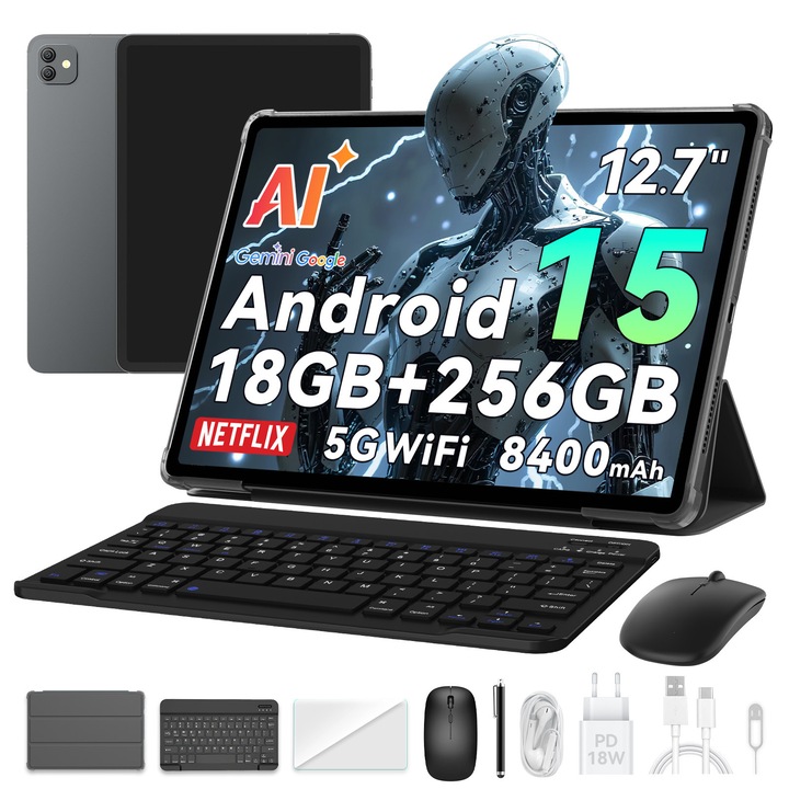 Таблет Blackview LINK 8, 12.7" 2K Екран, 90Hz, Gemini Ai Android 15, 18GB+256GB(TF 2TB), MediaTek Helio G100, 8400mAh, 16MP+13MP, PC Mode 2.0, BT 5.0/GPS/Face ID, Стандартни аксесоари, Сив