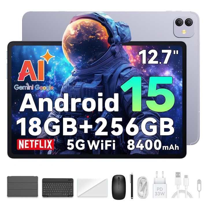 Blackview Link8 tablet, Android 15, 18GB+256GB ROM, 16MP kamera, Helio G100 Octa-Core, 8400mAh, 12.7"+90Hz/2.4G/5G WiFi, GPS, billentyűzet, ceruza és egér, lila