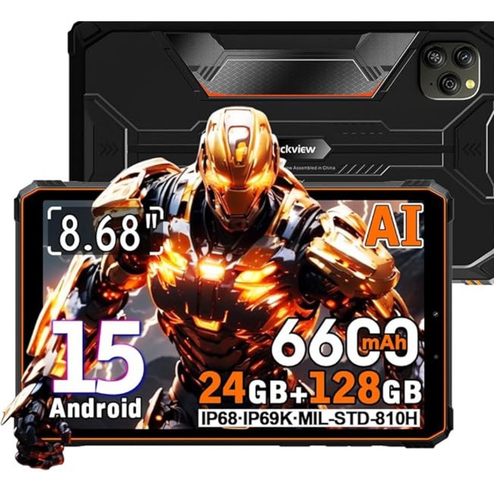 Blackview ACTIVE 5 robusztus tablet, Android 15, 24GB+128GB (2TB TF), 16MP+13MP, 6600mAh, 8.68" kijelző, IP68 & IP69K, NFC/OTG, narancssárga