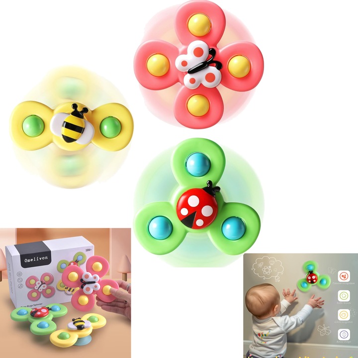 Set de 3 jucarii interactive spinner, in forma de insecta, Jucarie Educativa Senzoriala pentru Copii, cu ventuza, minge zdranitoare, 2+ ani, Multicolor, Omelivon