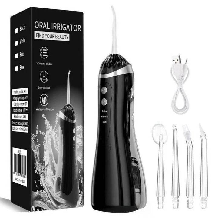 Szájzuhany, Qtenzivize, Professzionális szájzuhanyhoz, 4 fej, 3 üzemmód, 300 ml tartály, IPX7 vízálló, 1600 impulzus/perc, 1200 mAh újratölthető akkumulátor, Fekete