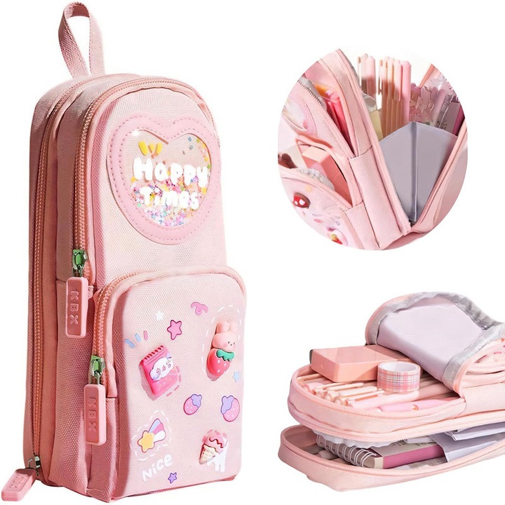 Nagy kapacitású Kawaii rózsaszín tolltartó és ceruzatartó – Aranyos, 3 rekeszes írószer-rendszerező iskolai kellékekhez, irodába és utazáshoz, ideális ajándék lányoknak és művészetkedvelőknek