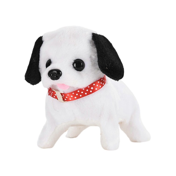 Jucarie electrica, din plus, caine cu coada care se misca, 13x17x15 cm, alb/negru