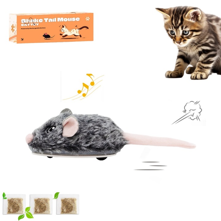 Jucarie Interactiva Electrica pentru Pisici, Soarece Moved Cu Incarcare USB-C, Sunet Squeaky, 3 Moduri, gri