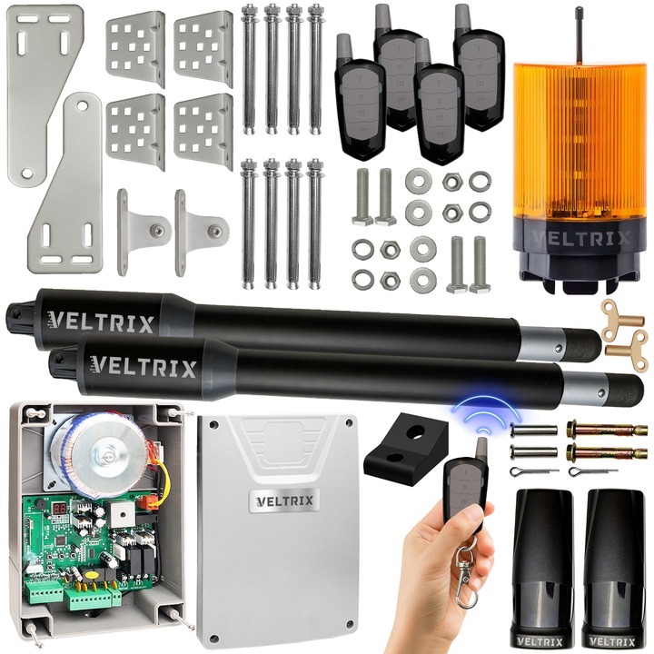 Set automatizare poartă cu două canate, Veltrix, VD-400, 2x2m, 400kg, 4 telecomenzi, lampa LED, fotocelule