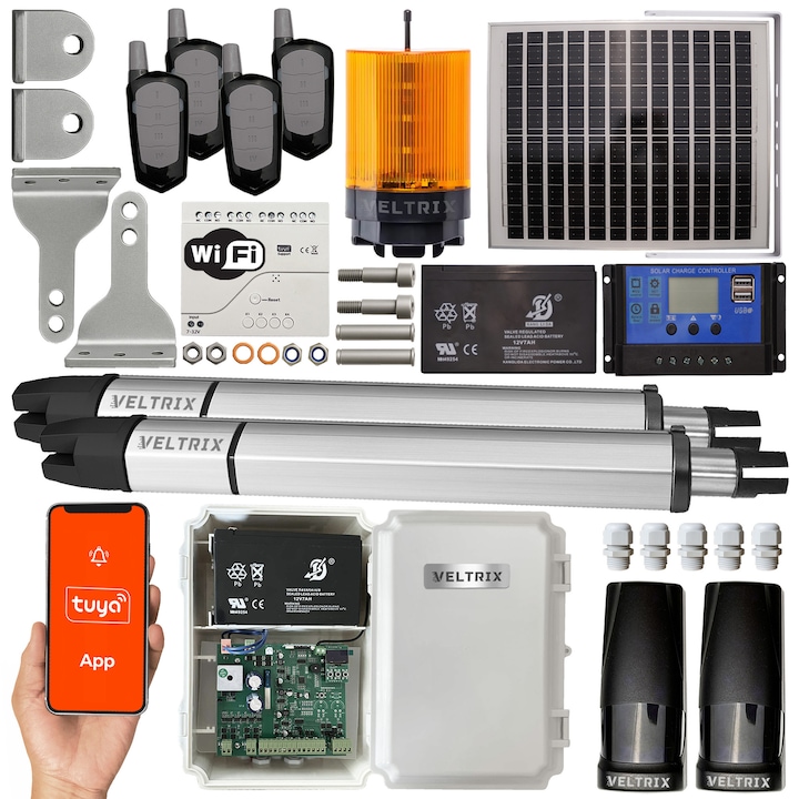 Motor pentru poartă cu două canate Veltrix, 2x2m, 400kg, WIFI, KIT SOLAR, 4 telecomenzi, lampa LED