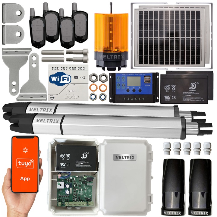 Motor pentru poarta cu doua canate VELTRIX 2x2m 400 kg WIFI, KIT SOLAR, lampa LED, telecomenzi