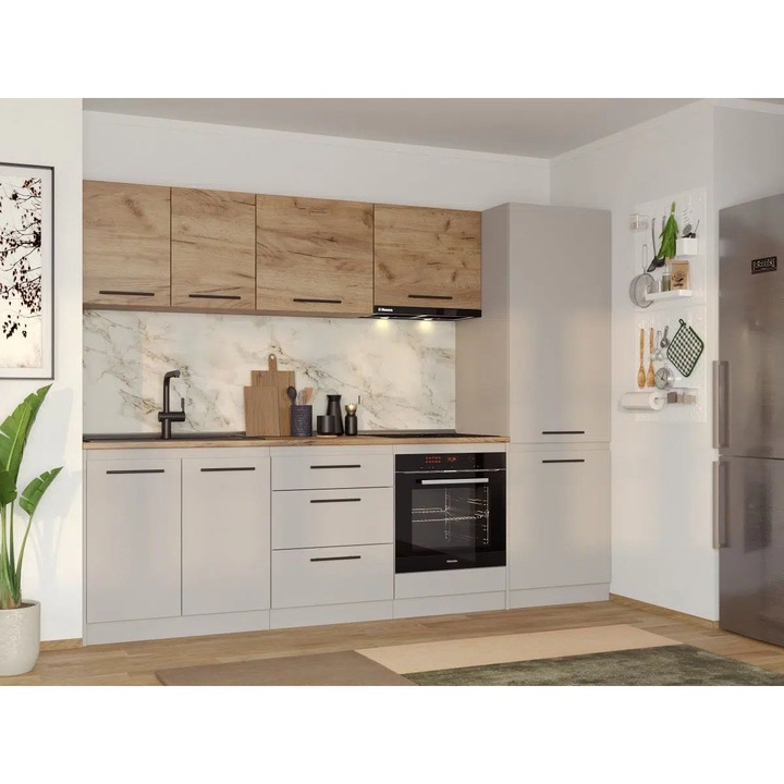 Set Mobila Bucatarie, Linea 260cm, Casmir/Stejar, C12, Pal Melaminat