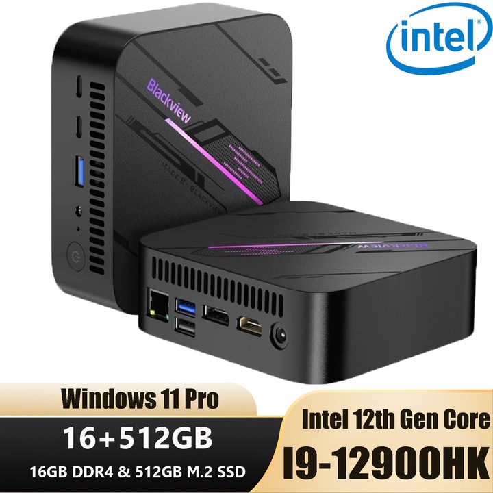 Mini PC Blackview MP100 Pro, Intel I9-12900HK 16GB+512GB SSD, 14 nuclee, 20 de fire de executie, WiFi 6, Windows 11 Pro, Mini PC Gaming, Calculator Desktop Mini, Intel 7/4K UHD/USB 3.2/Bluetooth 5.2/Port Type-C, Negru