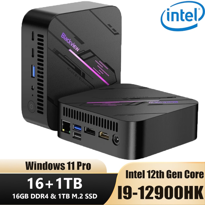 Mini PC Blackview MP100 Pro, Intel I9-12900HK 16GB+1TB SSD, 14 nuclee, 20 de fire de executie, WiFi 6, Windows 11 Pro, Mini PC Gaming, Calculator Desktop Mini, Intel 7/4K UHD/USB 3.2/Bluetooth 5.2/Port Type-C, Negru