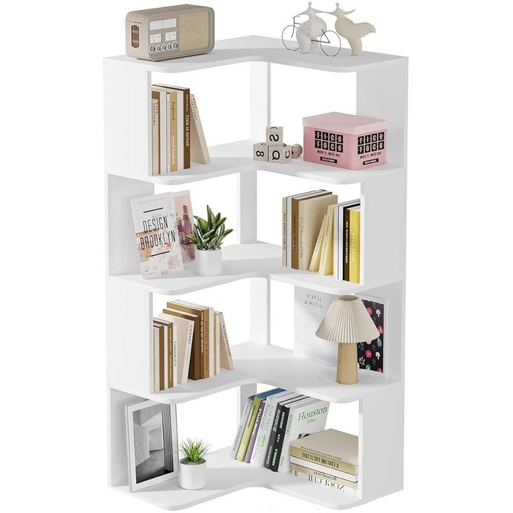 Biblioteca de colt cu 4 niveluri, 55x55x128cm, lemn prelucrat, alb, eR D L