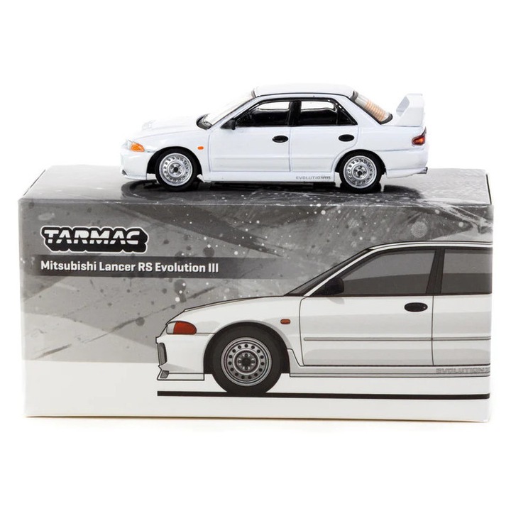 Macheta Auto Tarmac Works 1/64 Mitsubishi Lancer RS Evolution III White - Lamley Special