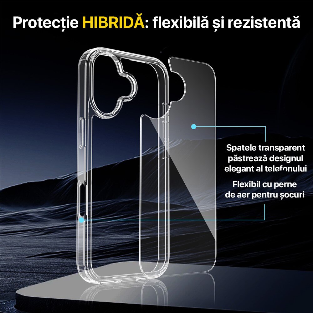 Husa iPhone 17 DaDen, silicon transparent Premium, Antishock, protectie colturi, rezistenta la impact, Transparenta