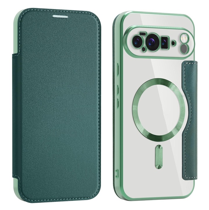 Husa pentru Google Pixel 10 Pro XL DaDen® Tip Carte, SmartMag Book Case, Suport card, MagSafe, Incarcare wireless, Protectie Sporita, TPU, Piele ecologica, Verde