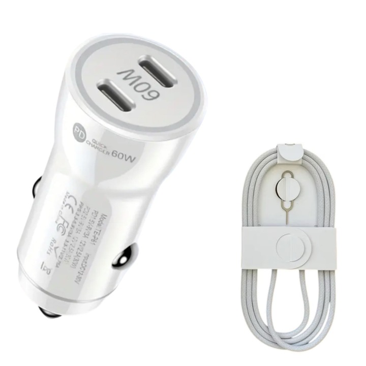 Kit incarcator auto Dual fast charger USB-C-C 60W, Cablu date USB-C-C 60W-1M, QUANDES®, Compatibil cu iPhone 17, 16, 15 pro max