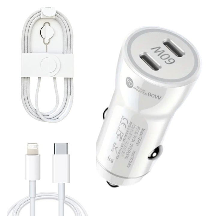 Kit incarcator auto Dual fast charger USB-C-C 60W, Cablu date USB-C-C 60W, USB-C-ligth 37W, 1M, Compatibil cu iPhone 17, 16, 15, 14, 13, 12 pro max, QUANDES®