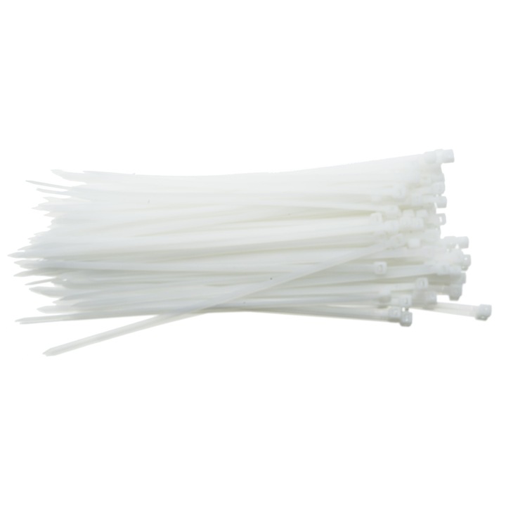 Кабелни връзки CARSAFETY 3.5x200 мм, комплект 100 бр., бял, устойчиви на масла и атмосферни условия