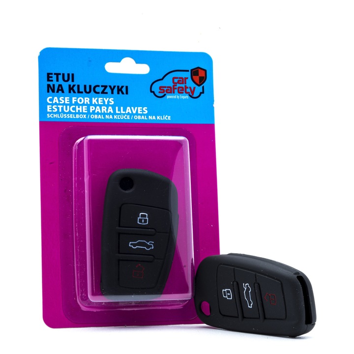 Szilikon kulcstok, CarSafety, fekete, 3 gombos, karcolás és por elleni védelem
