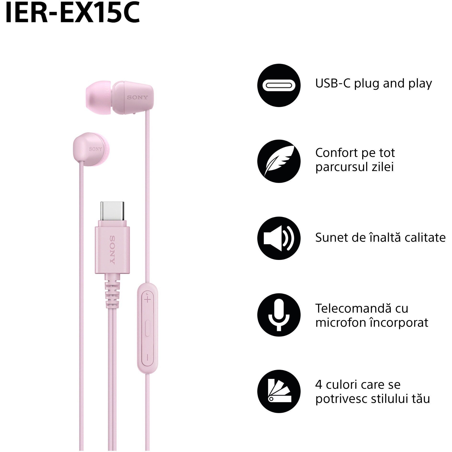 Casti In-Ear SONY IER-EX15CP, Cu Fir, Microfon, USB-C, Roz