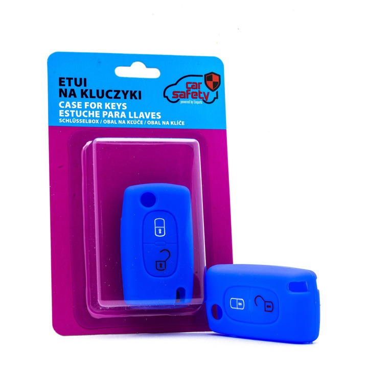 Szilikon kulcstok, CarSafety, kék, 2 gombos, karcolás elleni védelem, készlet