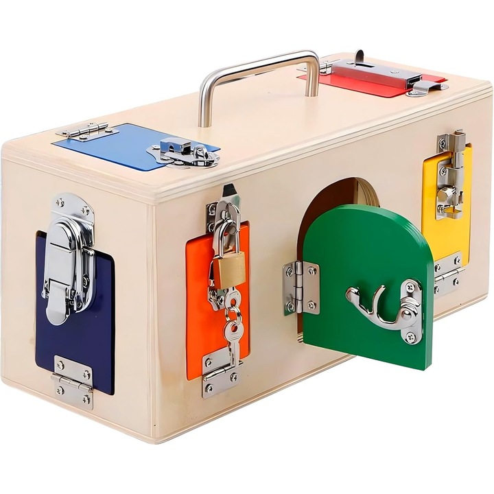 JOYSTOS Образователна играчка, Монтесори, Дървена, 10 вида вратички и ключалки, Преносима занимателна дъска за деца, Развитие на сръчност и мислене, Подарък за момчета и момичета, Интерактивна игра